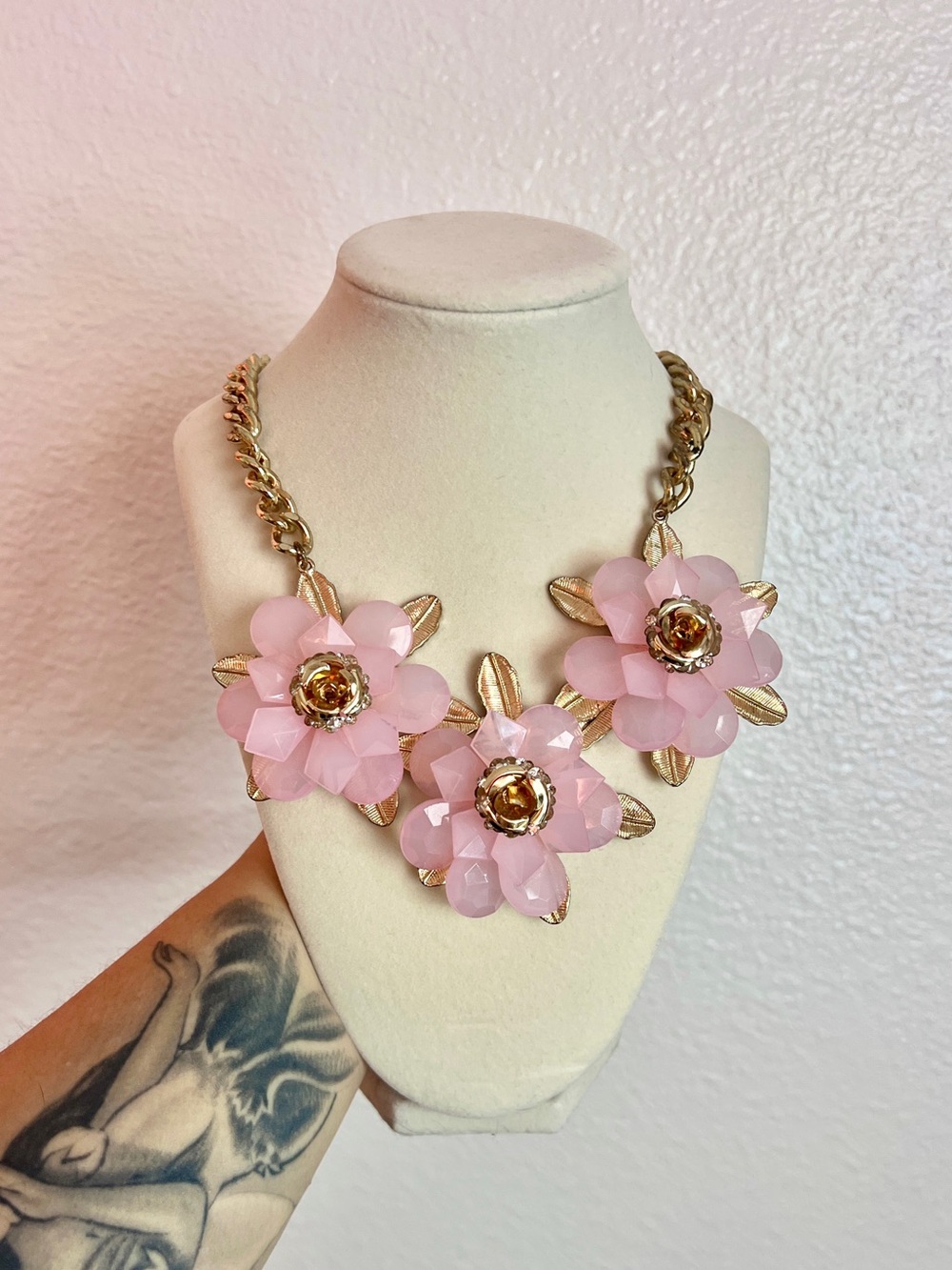 Pink Floral Statement Necklace - Gold Accents